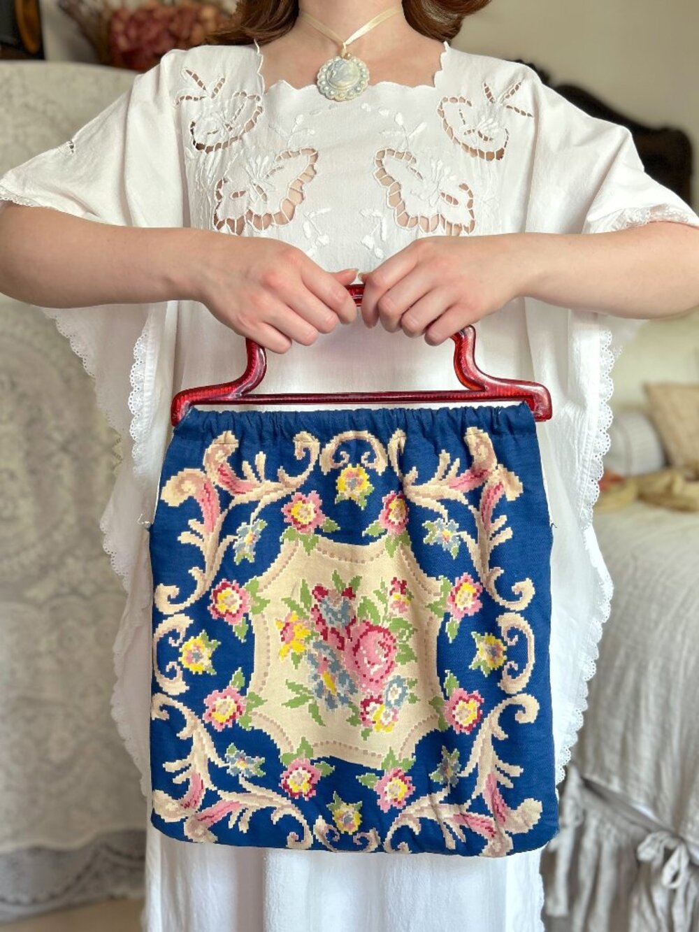 Vintage 60s Floral Handbag, Knitting Bag, Blue Needlepoint-Print Purse, Lucite